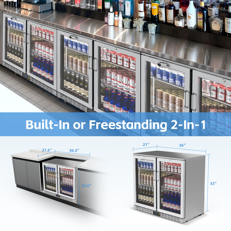 Coolake 36 Inch 7.4 Cu.ft Back Bar Cooler Commercial Under Counter Beverage Refrigerator With 2 Glass Doors & Led Lighting, Stainless Steel Bottle Cooler For Home Bar Restaurant, Sliver, 115v, Etl Approved