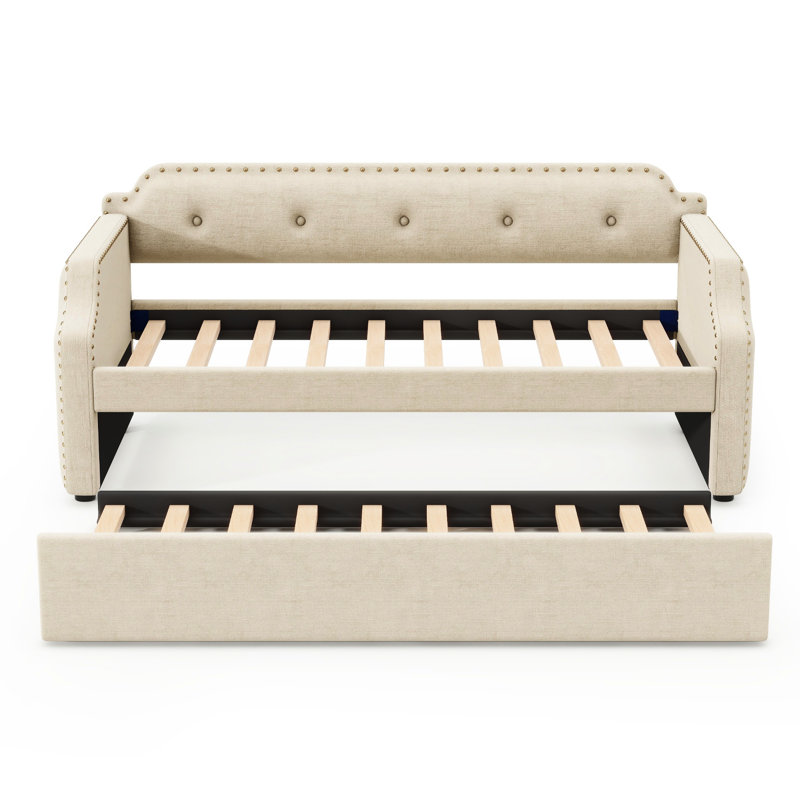 Beige Twin Upholstered Daybed With Trundle And Storage Space Trundle, Padding, Beige