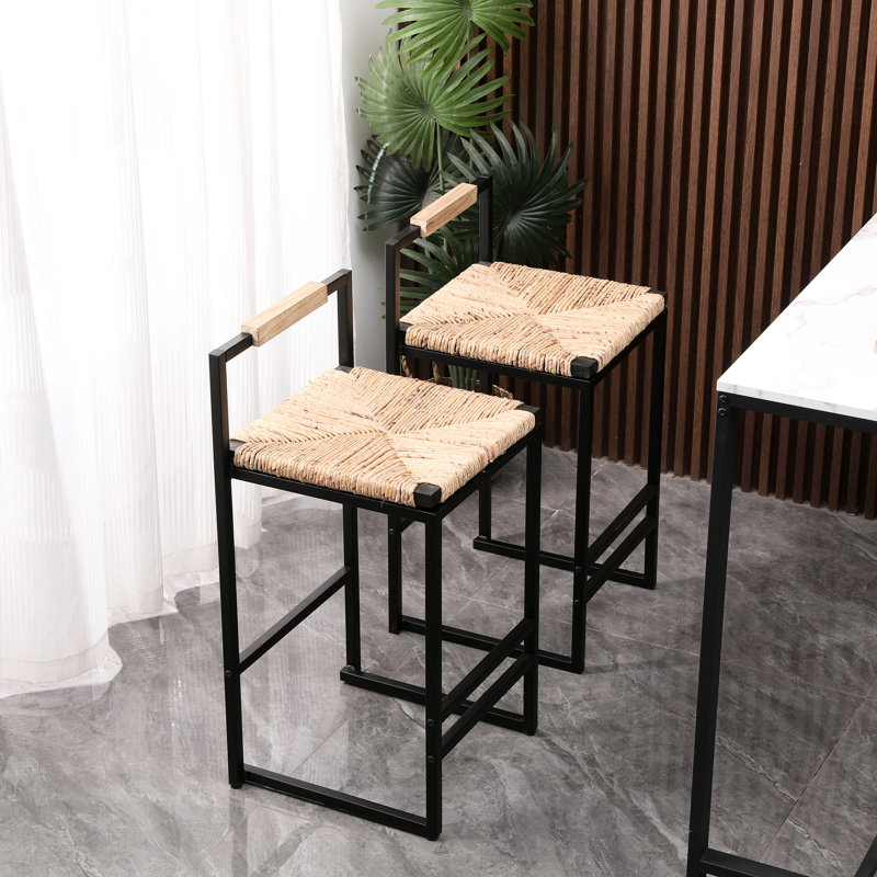 2pc Water Hyacinth Weave Counter Stools - Back Support Construction For Apartments, Offices 15.47"(w)x31.5''(h Woven Bar With Back, Of 2 Stable Height Chairs For Kitchen, Dining Room