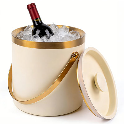 3L Stainless Steel Ice Bucket with Lid, Triple-Layer Vacuum Insulated Beverage Cooler with Mirror Finish & Drainage, Beige