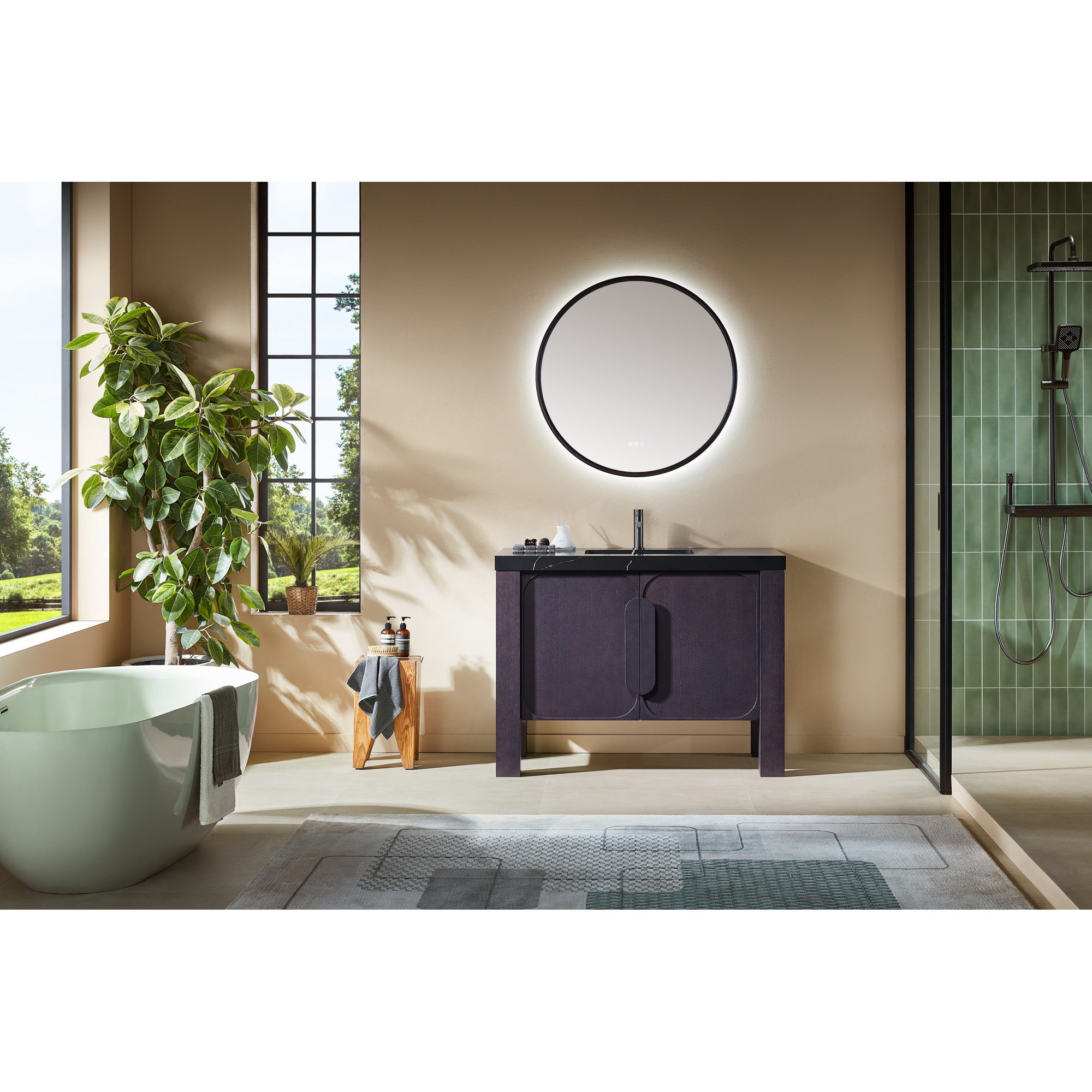 48" Natural Veneer Plywood Bathroom Vanity with Engineered Stone Countertop, Espresso Oak, Black