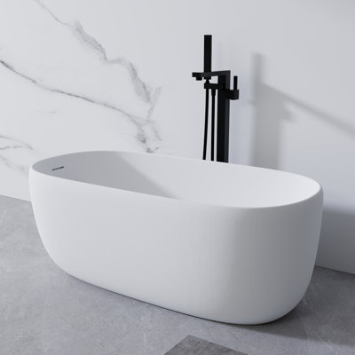 51'' Freestanding Bathtub Resin Stone Soaking Bathtub Solid Surface Modern Tubs With Overflow And Popup Drain In White