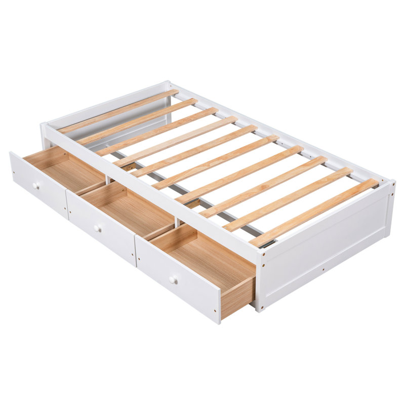 Lit simple avec 3 tiroirs et structure en bois massif - Couleur blanche pour une base de chambre élégante pour un sommeil profond