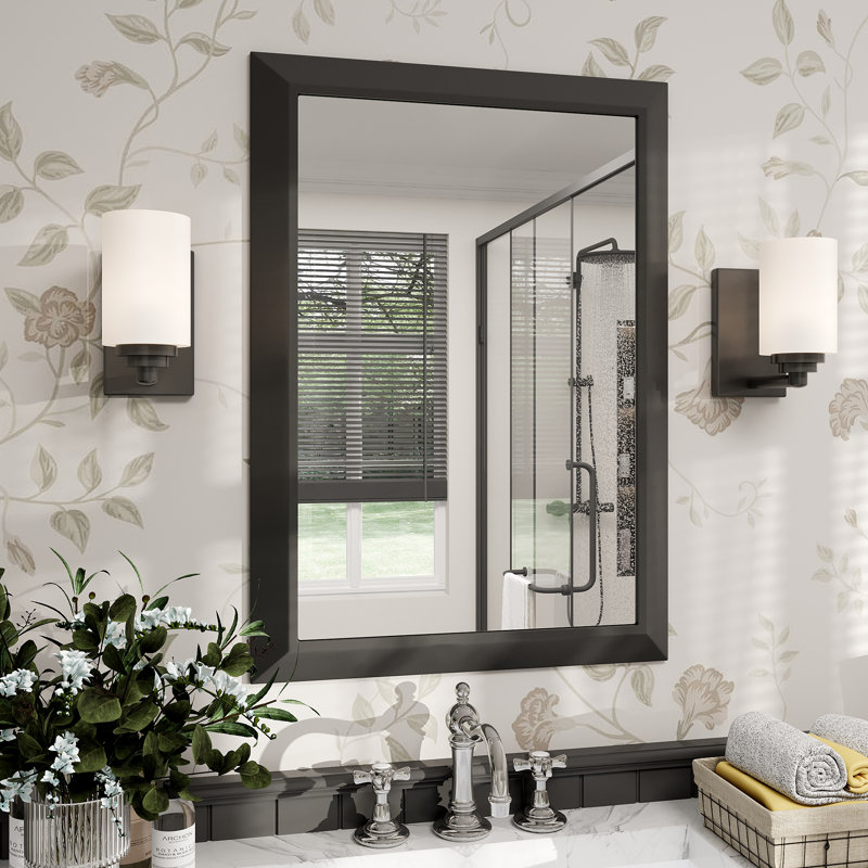 Molly Tempered Glass Metal Beveled Framed Wall Mounted Vanity Rectangular Mirror, 28" x 20", Black