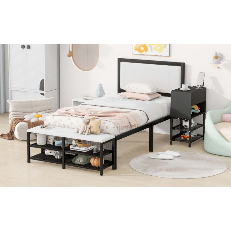 Twin Size Metal Platform Bed With Two-Tier Storage Shelves, Wooden Storage Cabinet