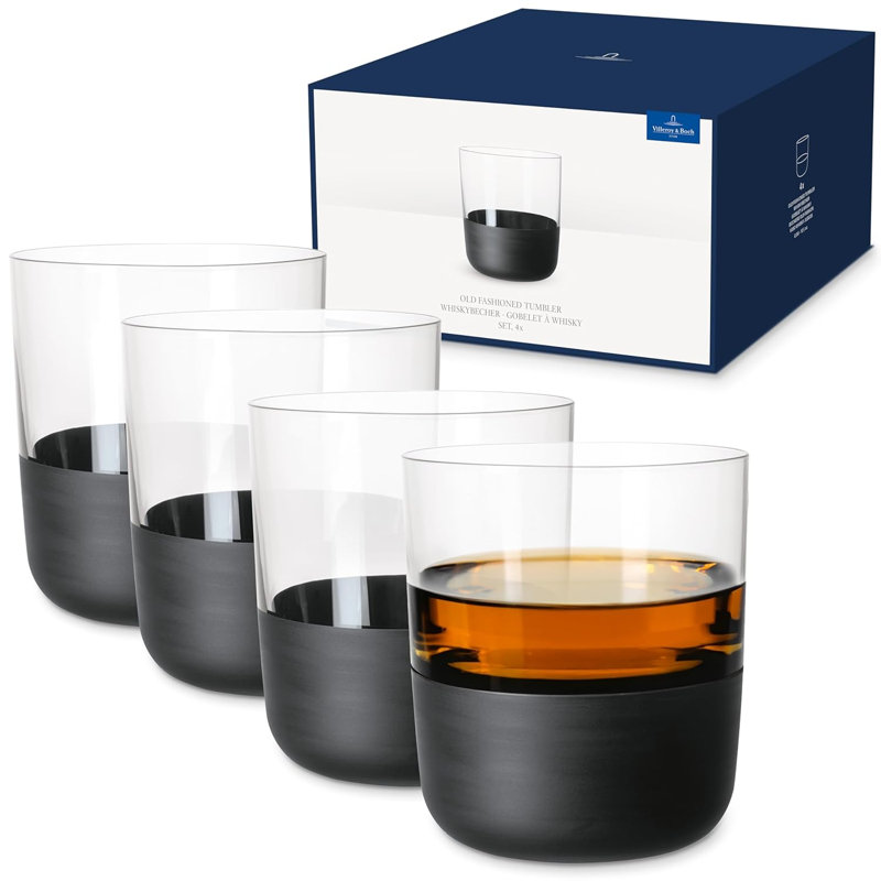Villeroy & Boch Manufacture Rock Collection Whiskey Glass Set, Set of 4, Crystal Glass with Matte Black Base, Made in Europe, Capacity 8.5 oz