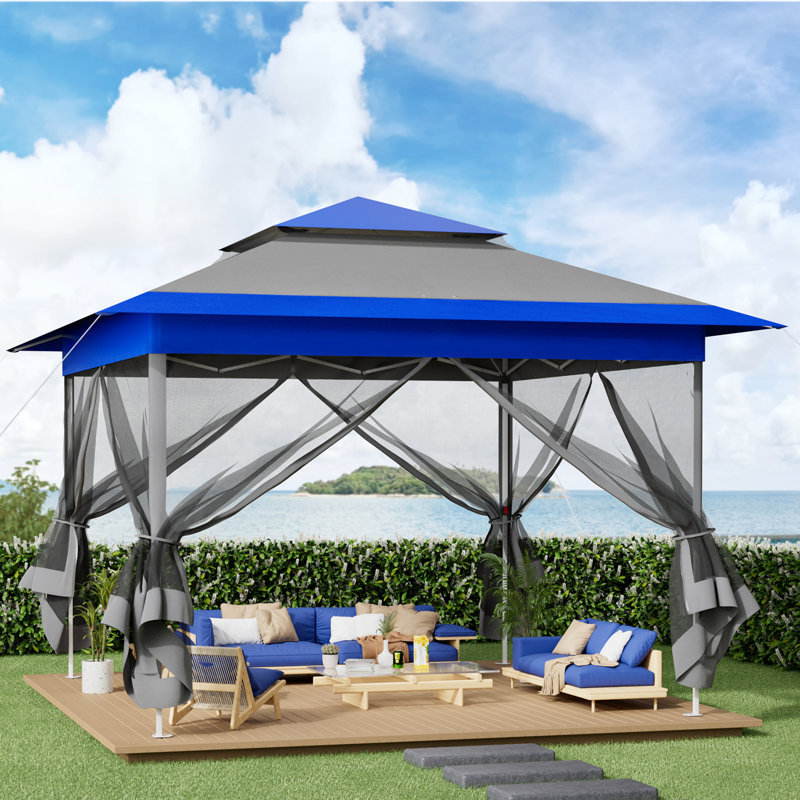 Pop Up Gazebo, Outdoor Instant Canopy Tent W/4 Netting Sidewall & Auto Extending Eave, Patio Gazebos Shelter W/Mesh Wall, Center Lock, Wheeled Bag For Garden, Yard, Party, Deck