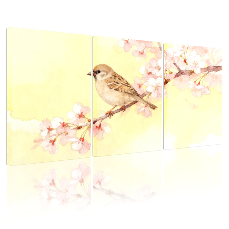 «Birds Bird on Cherry Blossom Branch», ensemble de 3 impressions sur toile, H 18 po x l 36 po