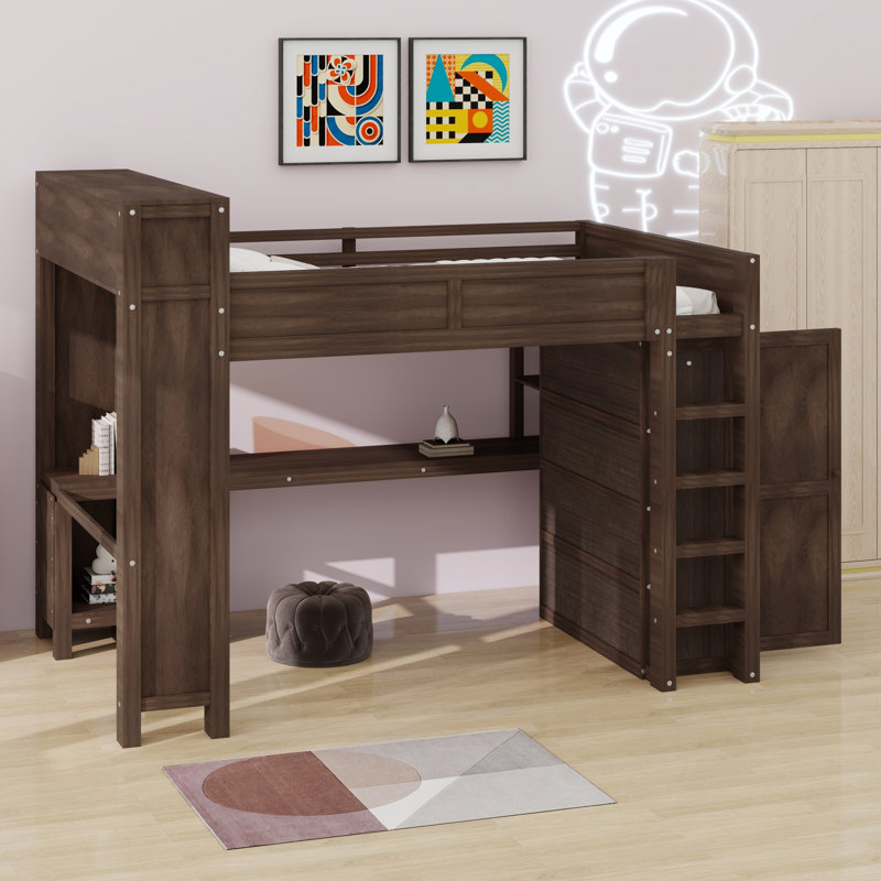 Lit mezzanine avec garde-robe intégré, bureau, tête de lit avec rangement et port USB, Brun