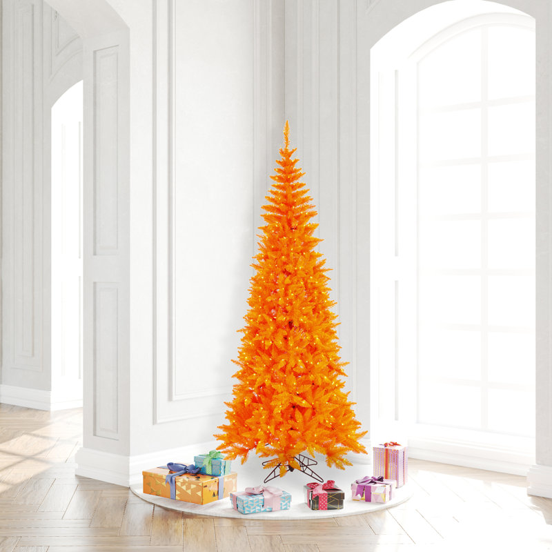 Sapin de Noël artificiel orange, H 6,5 pi x P 2,83 pi, Illuminée