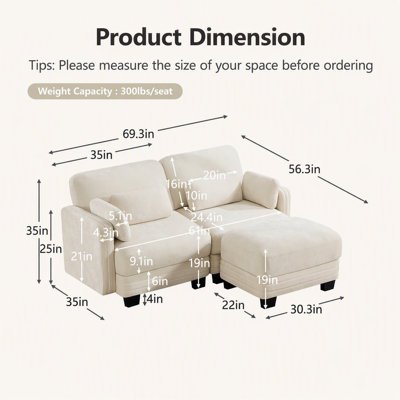 Canapé modulaire minimaliste modulaire Channel, 2 places avec repose-pieds mobile et coussins de siège épais et confortables