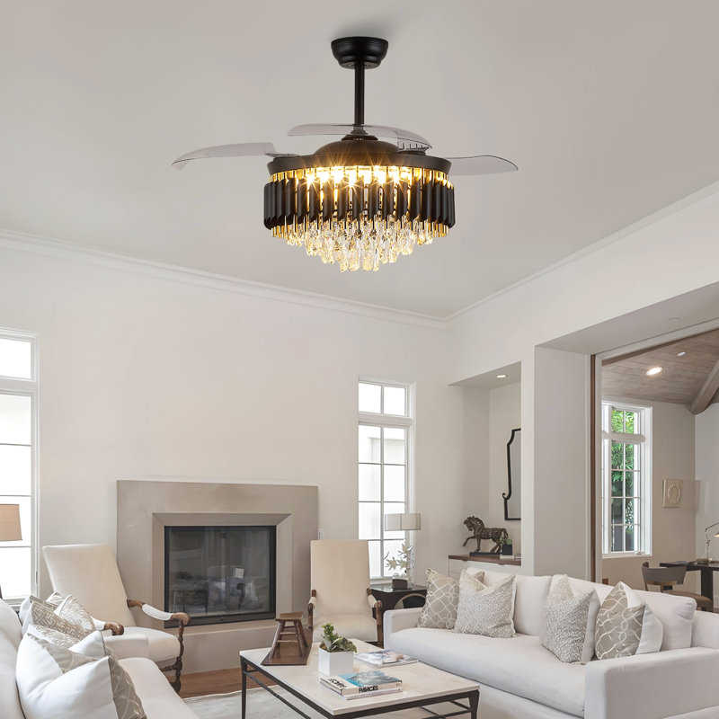 48" Dimmable Crystal Ceiling Fan With Led Lights And Remote Control, Black with Gold