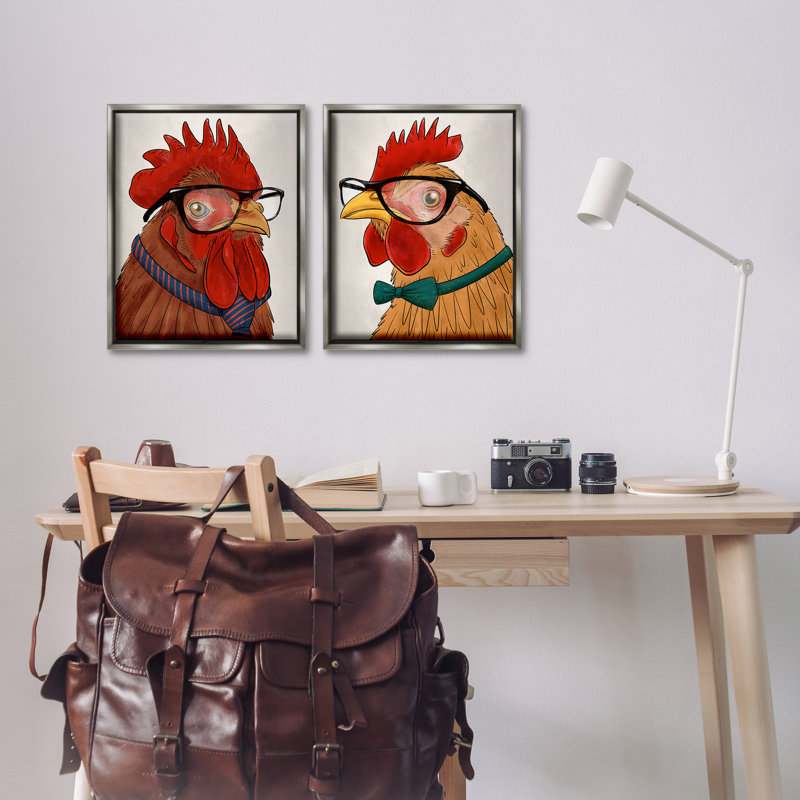 Ensemble de cadres flottants 2 pièces Quirky Hipster Roosters, design par Marcus Prime, Cadre flottant gris lustré