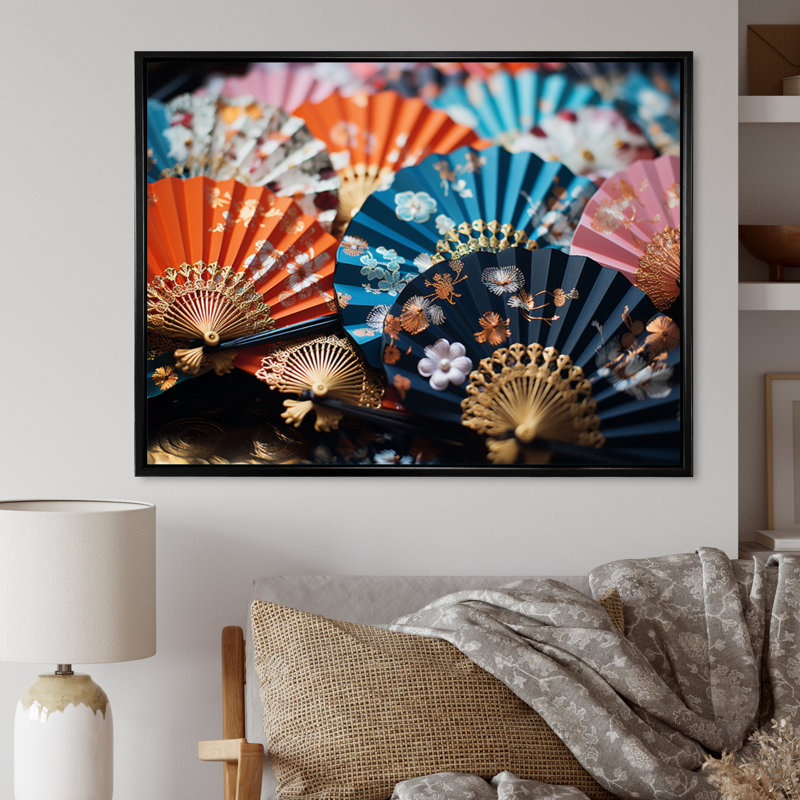 Japon Art Kimonos And Fans IV - Japanese Canvas Wall Art, H 12 po x l 20 po, Cadre flottant noir
