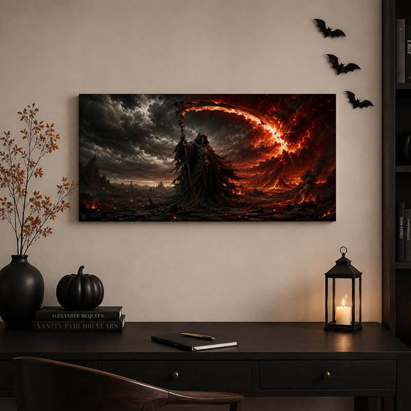 La Faucheuse à la faux incandescente dans une toile murale d'Halloween volcanique enflammée, L 20 po x H 10 po