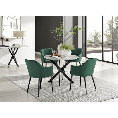 Tierra Modern Chrome Metal & Glass Round Dining Table Set with 4 Luxury Button Velvet Chairs