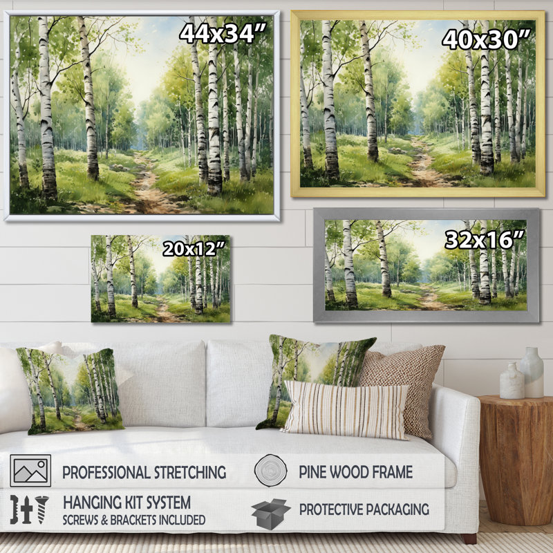Birch Woods Silent Woods I On Canvas Print, 16" H x 32" W x 1" D, White Single Picture Framed
