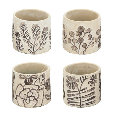 Of 4 Gray Sand - Cement Planters With Brown Botanical Highlights, 4.3X4.3X4 Inches, Add Charm To Entryway Room Interior And Patterns, Complement Bohemian Decor