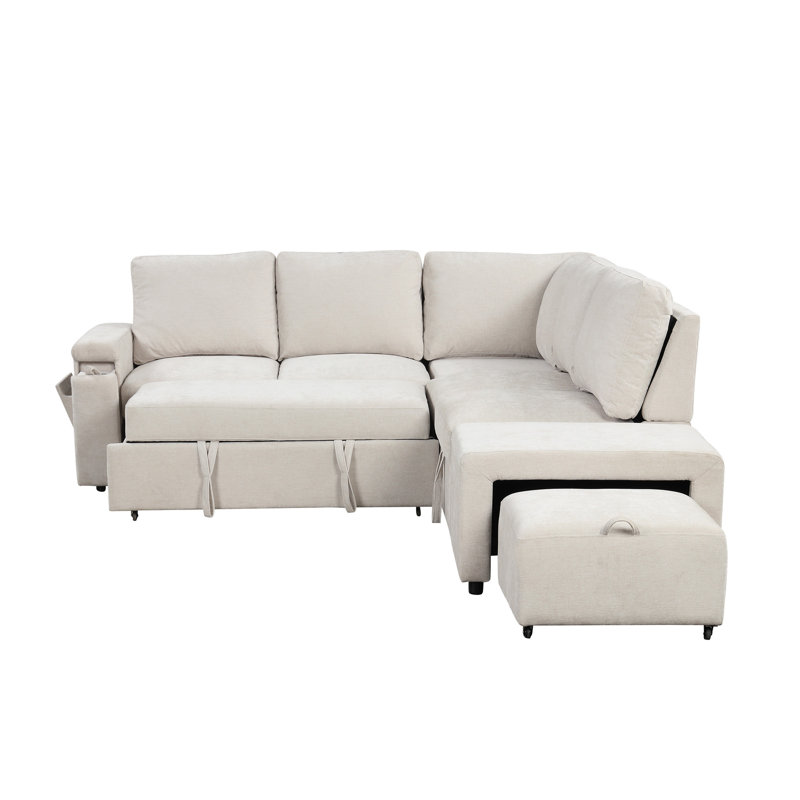 Canapé-lit escamotable en L avec rangement, Polyester beige