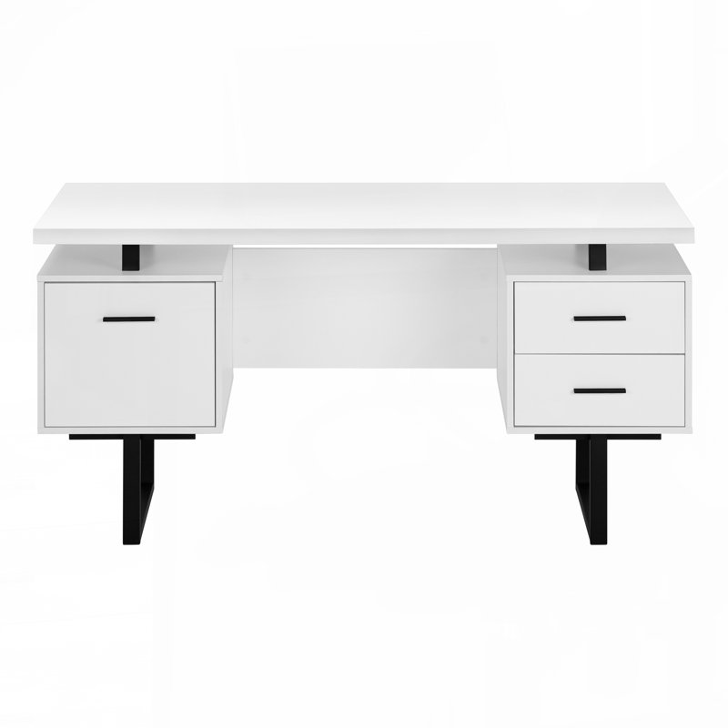 Bureau d'ordinateur, bureau personnel, ordinateur portable, installation à gauche, à droite, tiroirs de rangement, 60 po, travail, stratifié blanc, métal noir, contemporain,