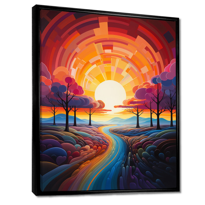 «Geometric Sunset Colorful Country Road - Forest», art mural, H 20 po x l 12 po, Cadre flottant noir, bois massif