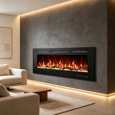 Chaufferette de foyer électrique moderne encastrée et murale avec thermostat, 13 lits à flamme et à carburant multicolores, minuterie, bûche et cristal, 750 W / 1500 W, plusieurs tailles disponibles