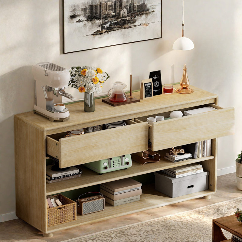 Console rétro avec 2 tiroirs et tablettes ouvertes, Bois naturel délavé