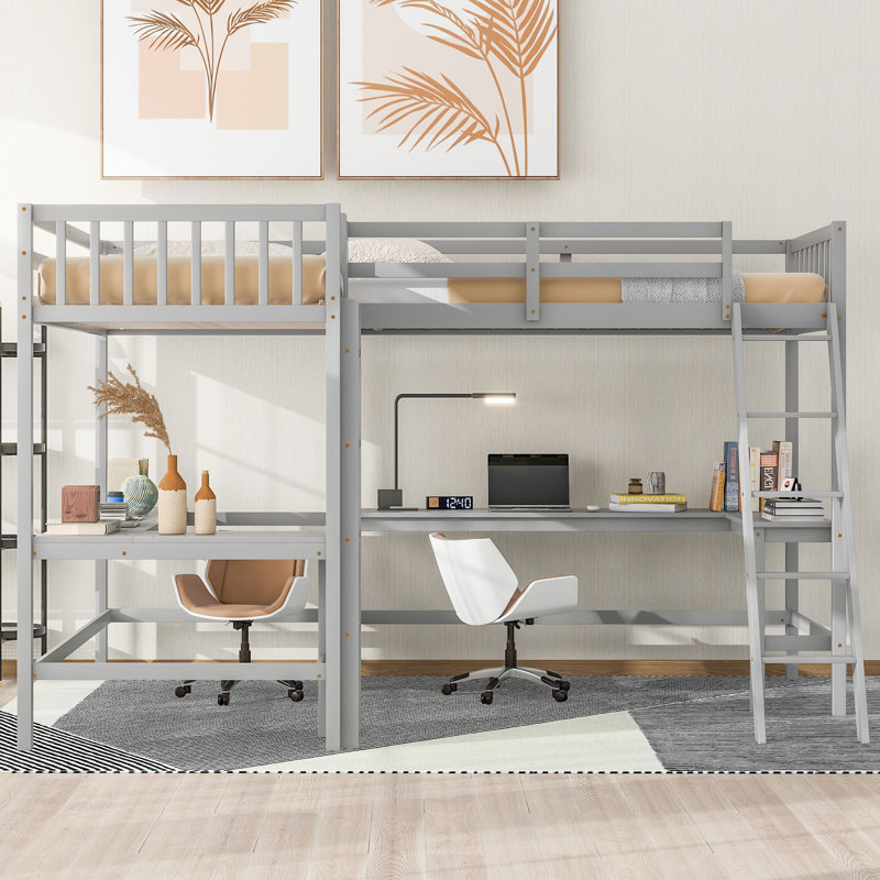 Lit mezzanine simple en bois en forme de L avec échelle et 2 bureaux intégrés en forme de L, gris, Gris