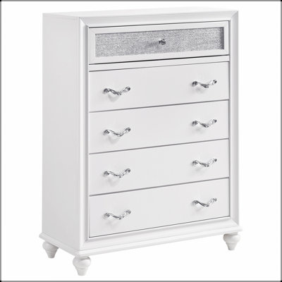 Commode blanche à 5 tiroirs avec panneaux de paillettes en acrylique et quincaillerie en cristal à facettes Randall