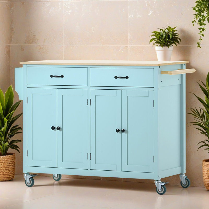 Îlot de cuisine mobile de 54,34 po avec plateau en bois massif et roulettes verrouillables, armoire de rangement et plateau rabattable, support à épices, porte-serviettes pour la cuisine