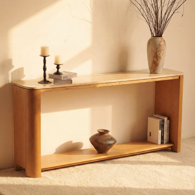 Ovelo Natural Oak Console Table with Travertine Top – Modern Entryway Sofa Table with Shelf