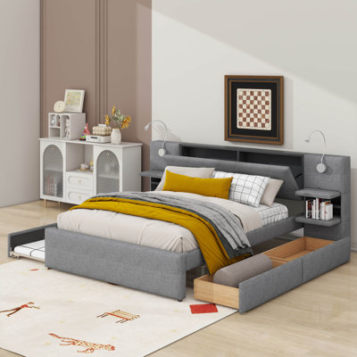 Queen Size Upholstered Platform Bed With Reading Lights, Drawers, Trundle And Shelves