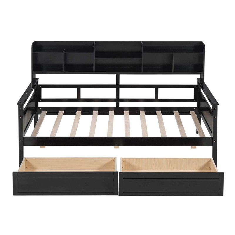 Lynnox 2 Drawers Daybed with Storage Shelves, Espresso, Twin
