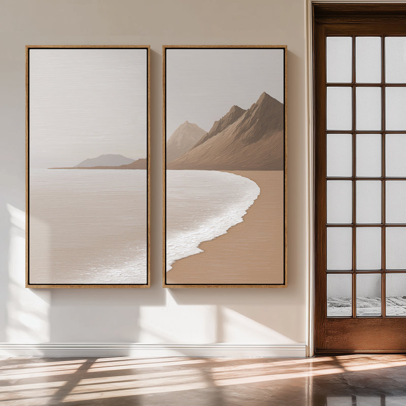 Grand ensemble d'art mural sur toile encadrée - Paysage de montagne côtière, impressions neutres de bord de mer beige et brun 60 po x 30 po x 2 pièces