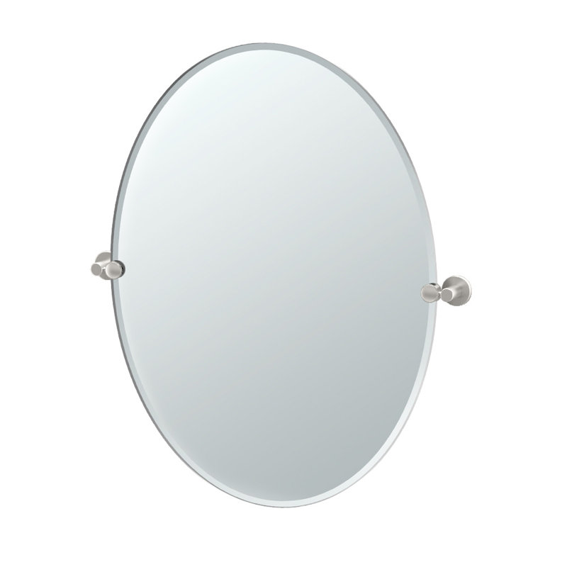 Channel Oval Wall Mount Mirror | Frameless Bathroom Vanity Mirror, Pivots and Beveled, Satin Nickel, 32" H x 28.5" W