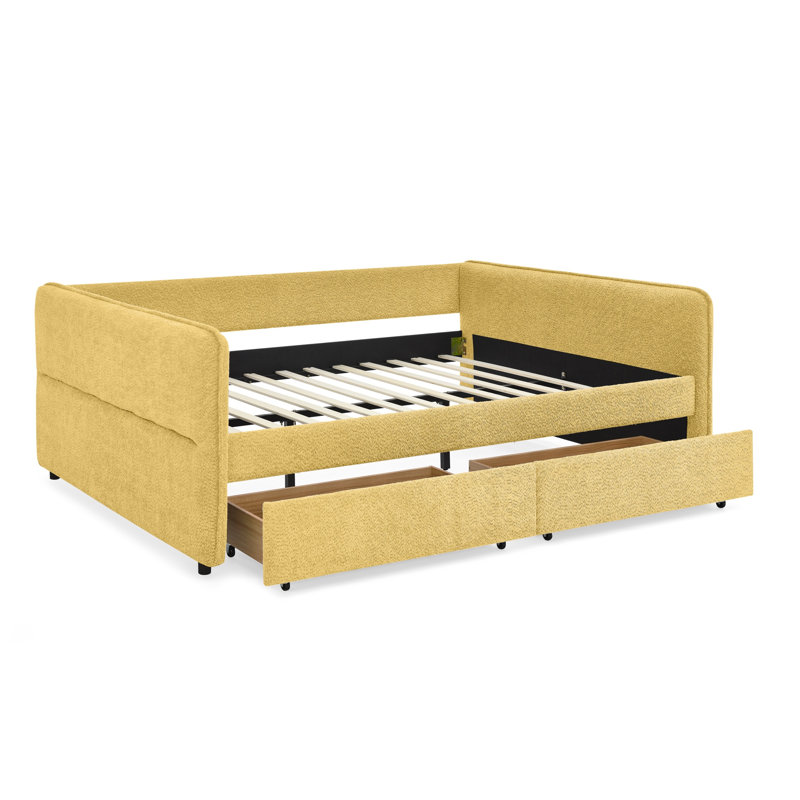 Queen Size Daybed With Two Drawers Upholstered Tufted Sofa Bed, Yellow Boucle Fabric (88"x65.5"x29.5"), Yellow