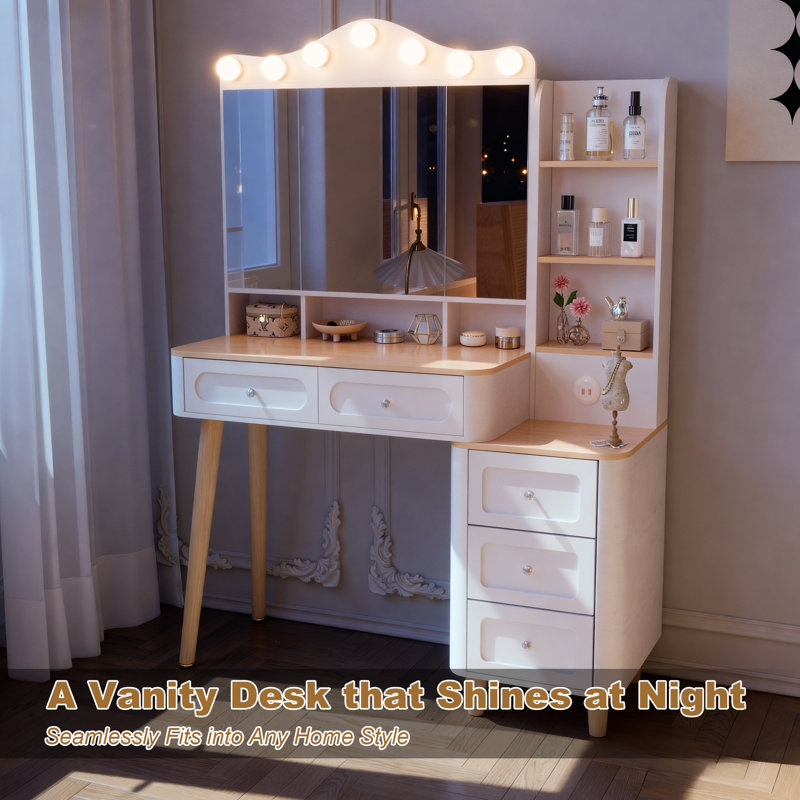Bureau de coiffeuse avec miroir et lumières, coiffeuse de maquillage avec 2 ports USB, deux tiroirs et commode à trois tiroirs, 3 modes d'éclairage, miroir pliable à trois côtés