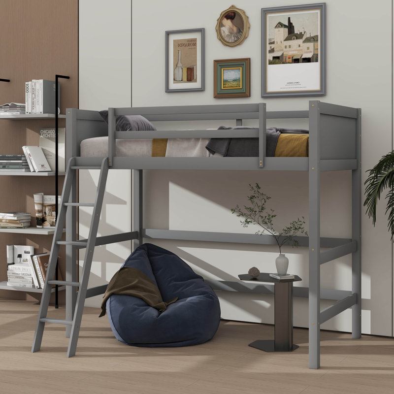 Lit mezzanine simple en bois avec échelle d'escalade intégrée, Gris