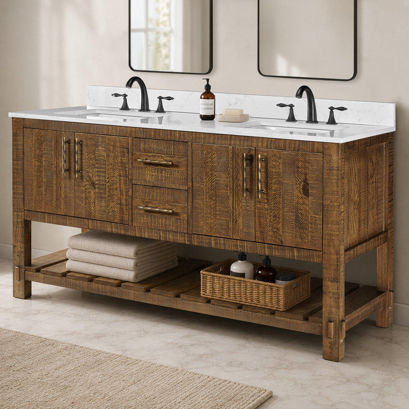Meuble-lavabo 60 po avec lavabo Farmhouse, bois massif, 2 tiroirs, 4 portes à fermeture douce, tablette de rangement ouverte, comptoir et dosseret en marbre 0,79 po, brun rustique