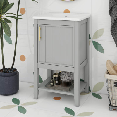 Meuble-lavabo de 20 po avec lavabo en céramique, armoire de salle de bain avec porte à fermeture douce, support de rangement et tablette ouverte