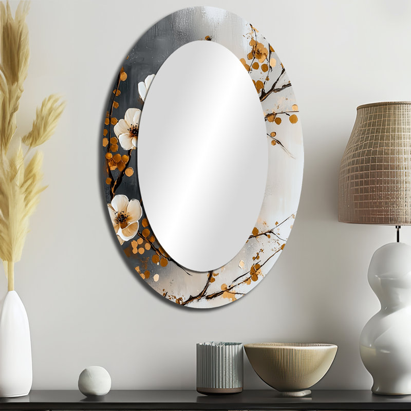 Cerisiers en fleurs gris et brun I - Miroir décoratif floral ovale sur métal, 36 po x 24 po