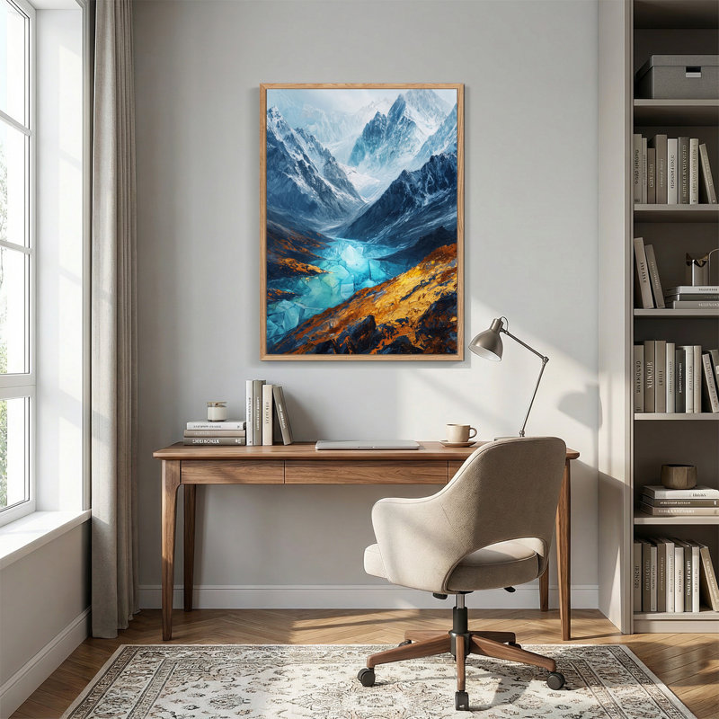 «Blue Glacial River and Orange Slopes in Snowy Mountains», art mural sur toile, 48"H x 36"W
