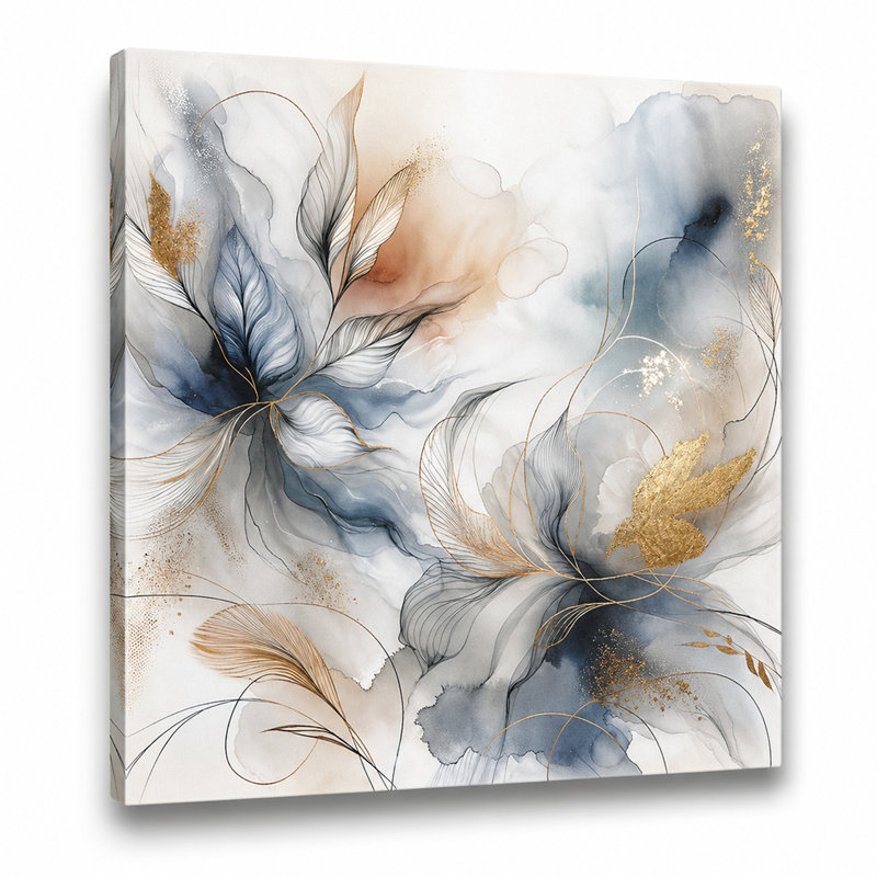 "Whispering Blossoms", art floral abstrait sur toile avec texture feuille d'or, H 30 po x l 30 po x P 1,5 po