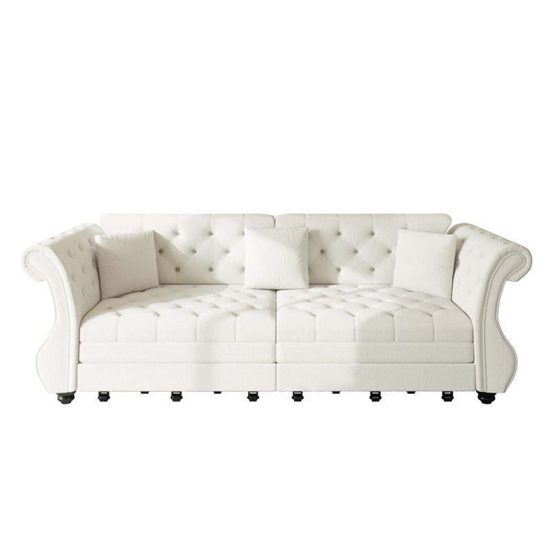 Canapé-lit surdimensionné en velours Chesterfield 97,6 po, Blanc, H 34 po x l 97 po x P 32 po