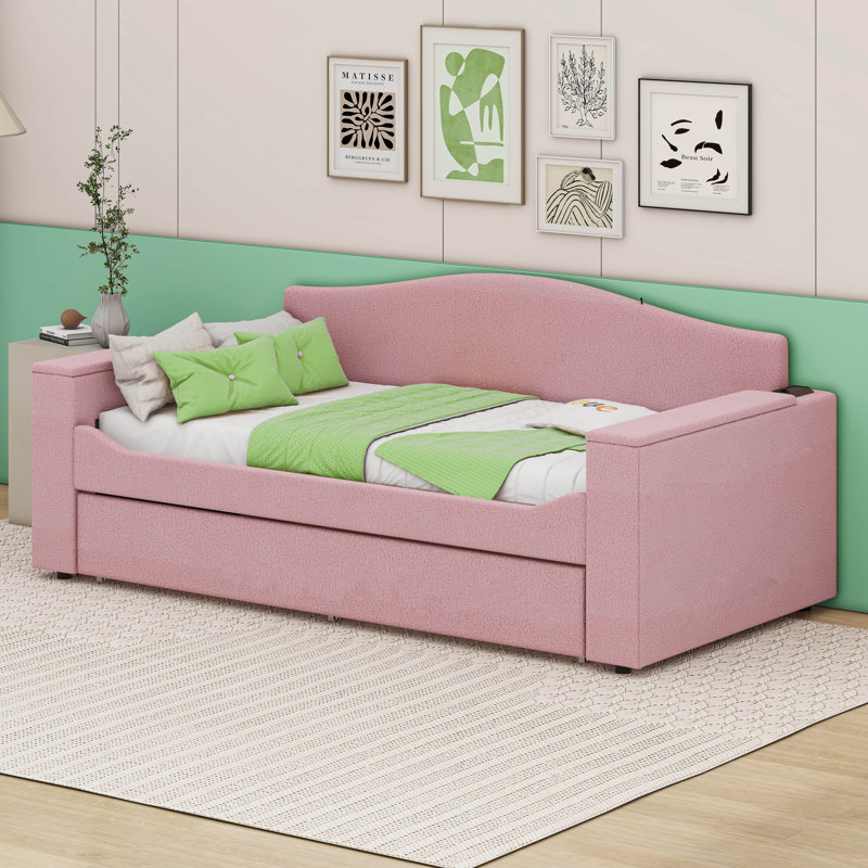 Twin Size Upholstered Daybed with Storage Armrests, Trundle and Integrated Bluetooth Audio System, Pink