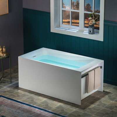 Woodbridge 51-1/8" L X 27-1/2" Stone Resin Luxury Contemporary Solid Surface Freestanding Soaking Bathtub In Matte White, Ergonomic Soaking Tub With Towel Bar And 2 Drain Covers (Matte White & Black)