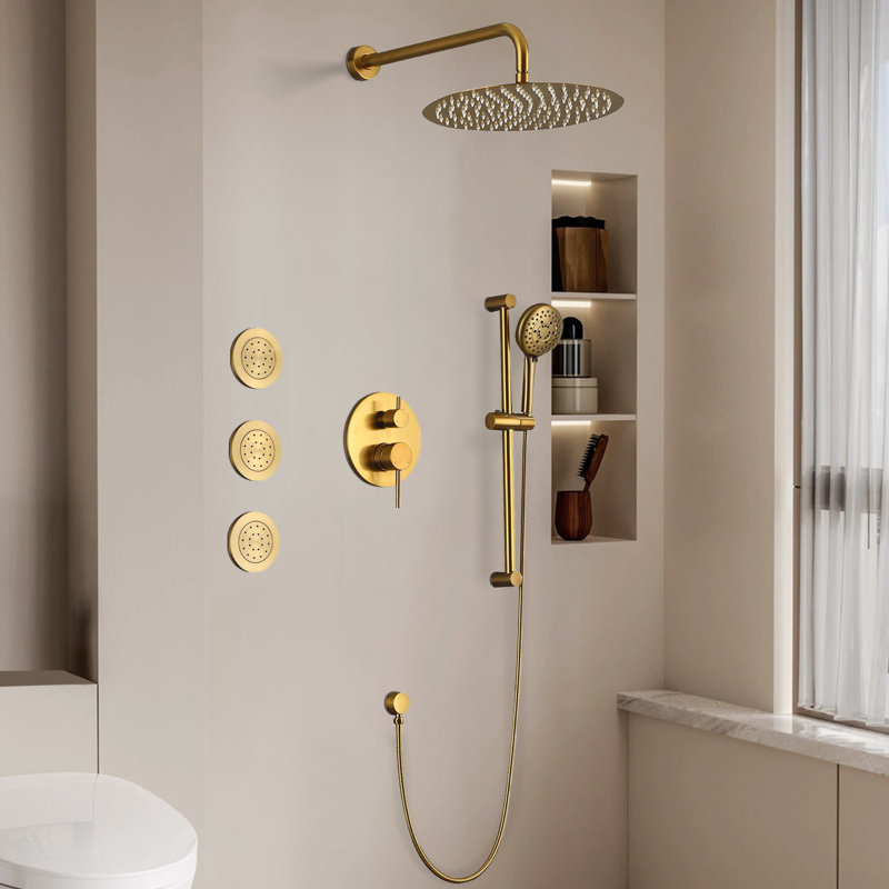 1-Spray 11.8 In. Wall-Mounted Dual Fixed And Handheld Shower Head 2.5 GPM With Slide Bar, Body-Sprays In Brushed Gold