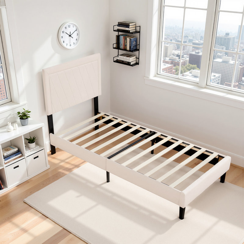 Structure de lit tapissier en bois massif avec tête de lit, aucun sommier requis et assemblage facile, Beige, Simple