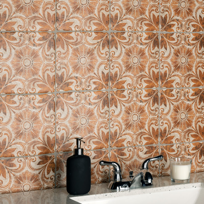 Costa 8" x 8" Ceramic Patterned Wall & Floor Tile, Matte Brown