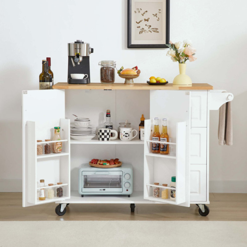Îlot de cuisine avec comptoir à abattant, chariot d'îlot de cuisine roulant, table d'îlot de cuisine avec porte de grange avec armoire de rangement et support de tour, table d'îlot sur roulettes pour la cuisine